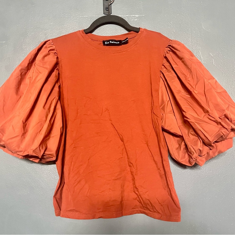 En Saison Orange Puff Sleeve Blouse